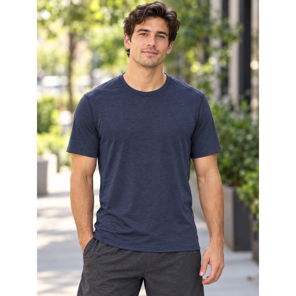 Lululemon Men 5 Year Basic Tee Navy Blue Heathered Slub Short Sleeve T-Shirt